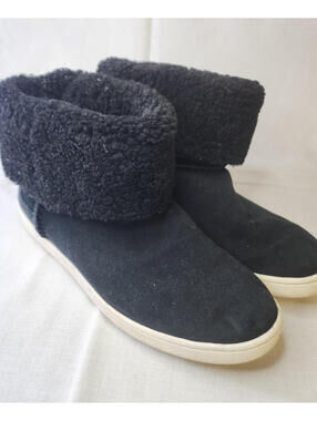 UGG Black Suede Shearling Lined Pull On Mid-Calf Fur Trim Boots US 10